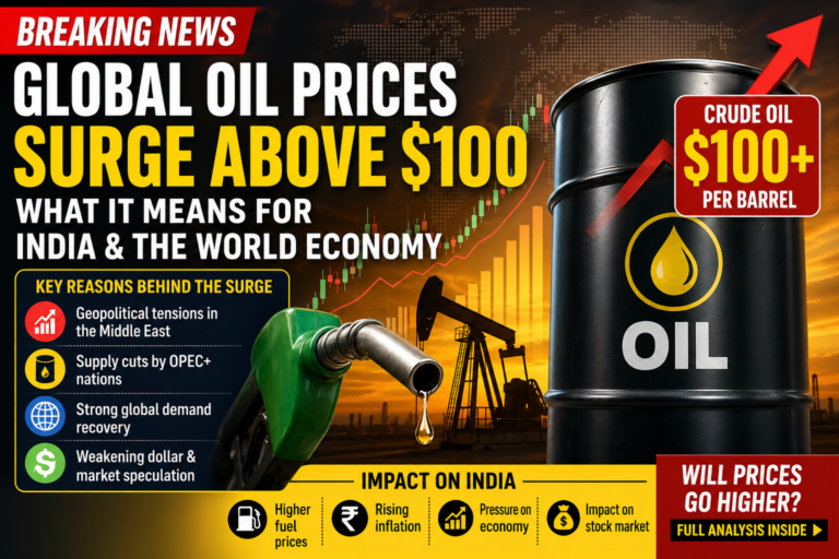 Global oil prices surge above $100 per barrel with rising chart, oil barrel, and fuel nozzle showing impact on India and world economy