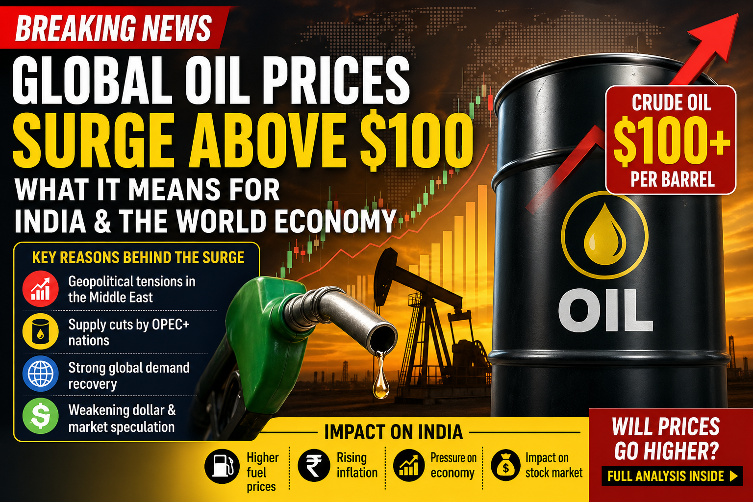 Global oil prices surge above $100 per barrel with rising chart, oil barrel, and fuel nozzle showing impact on India and world economy