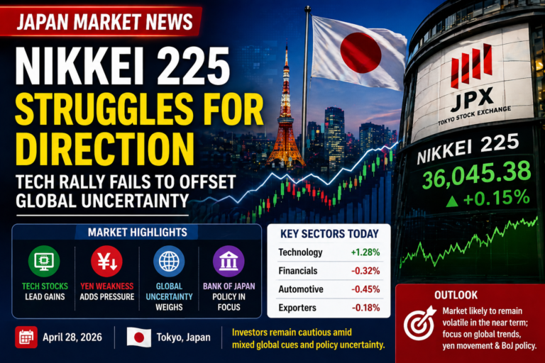 Nikkei 225 stock market Japan showing mixed trend with tech stocks rising and global uncertainty impact