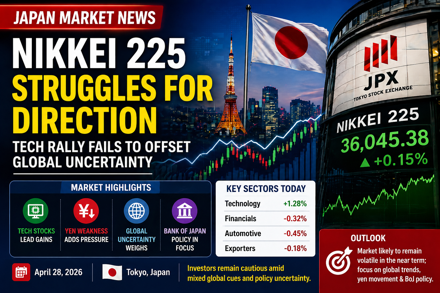 Nikkei 225 stock market Japan showing mixed trend with tech stocks rising and global uncertainty impact
