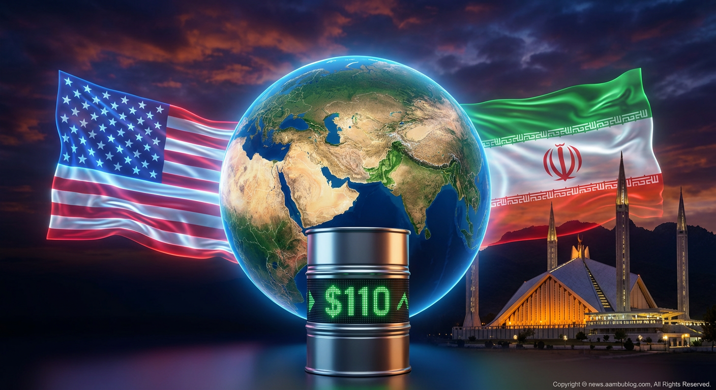 US and Iran flags with Islamabad skyline and oil barrels 3D illustration
