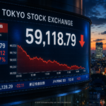 3D render of a red downward arrow over a digital Tokyo Stock Exchange board