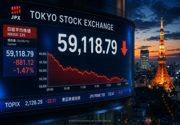 3D render of a red downward arrow over a digital Tokyo Stock Exchange board