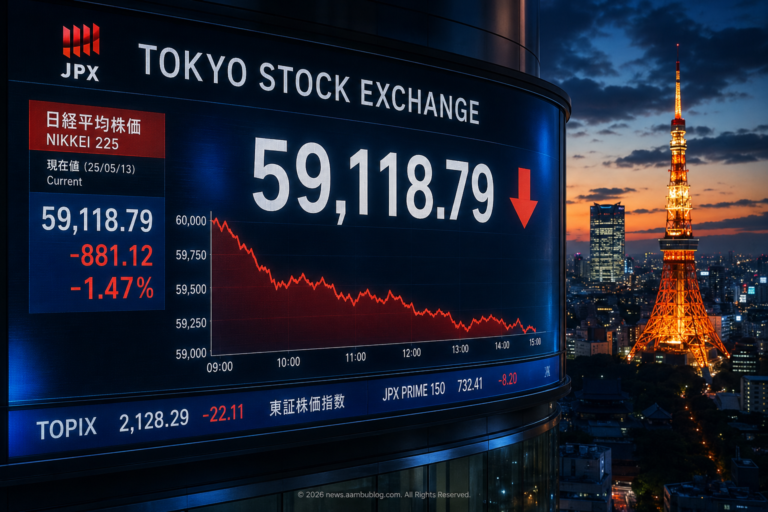 3D render of a red downward arrow over a digital Tokyo Stock Exchange board