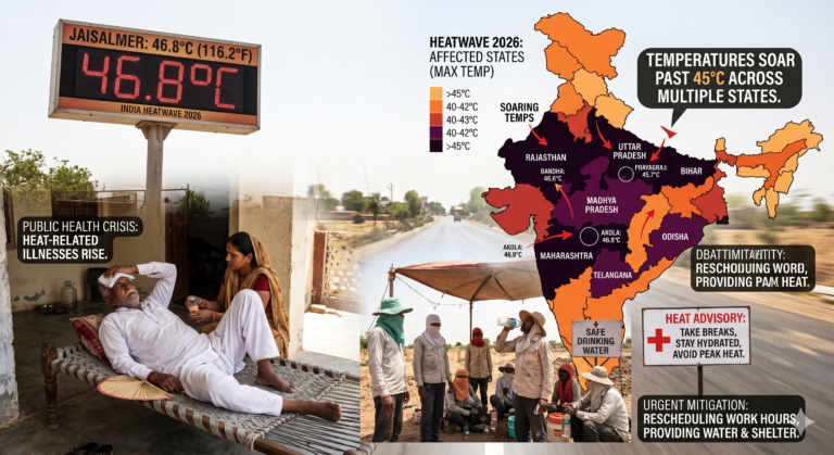 Extreme heatwave in India showing high temperature thermometer reading 45°C with sun blazing over city