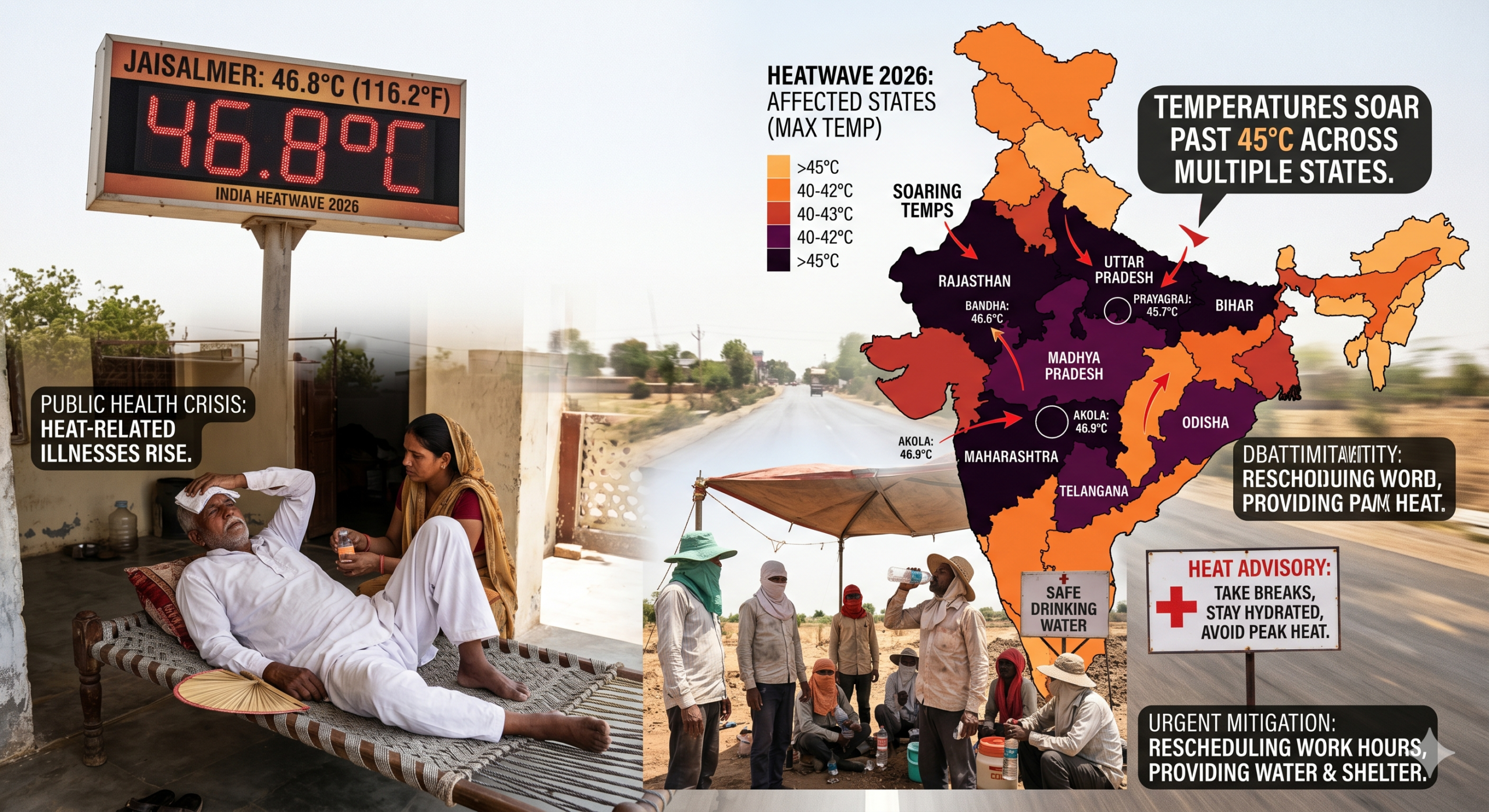 Extreme heatwave in India showing high temperature thermometer reading 45°C with sun blazing over city