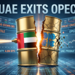 3D render of the UAE flag next to an OPEC logo being split in two