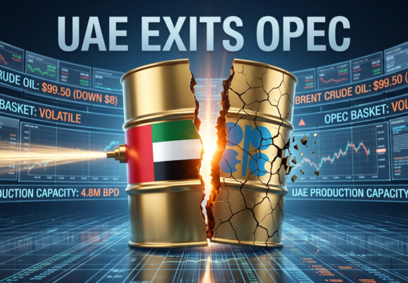 3D render of the UAE flag next to an OPEC logo being split in two