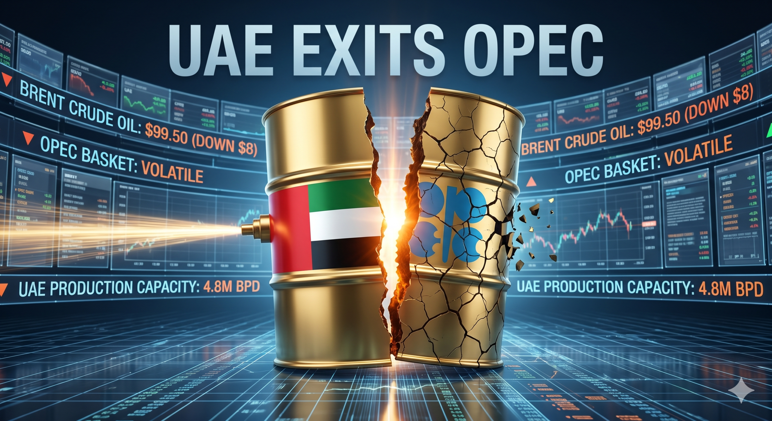 3D render of the UAE flag next to an OPEC logo being split in two