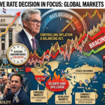 US Federal Reserve building with financial charts showing interest rate trends and global market impact
