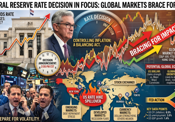 US Federal Reserve building with financial charts showing interest rate trends and global market impact