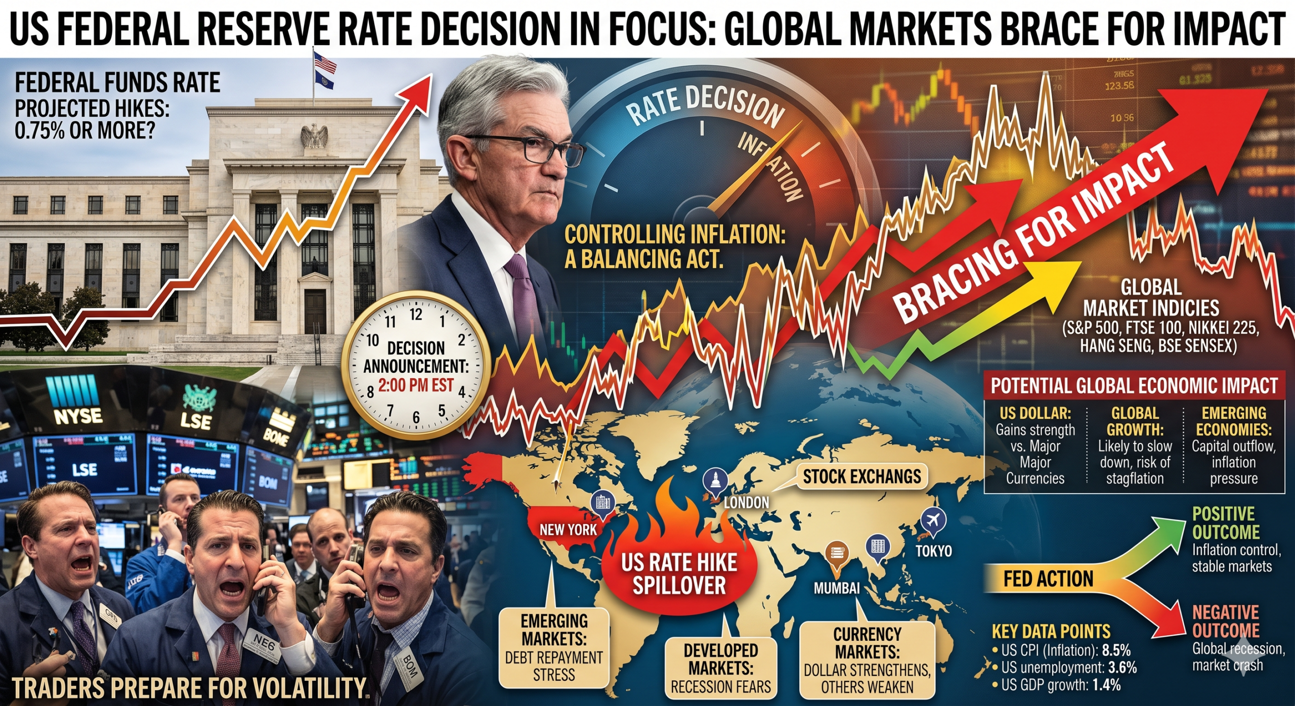 US Federal Reserve building with financial charts showing interest rate trends and global market impact